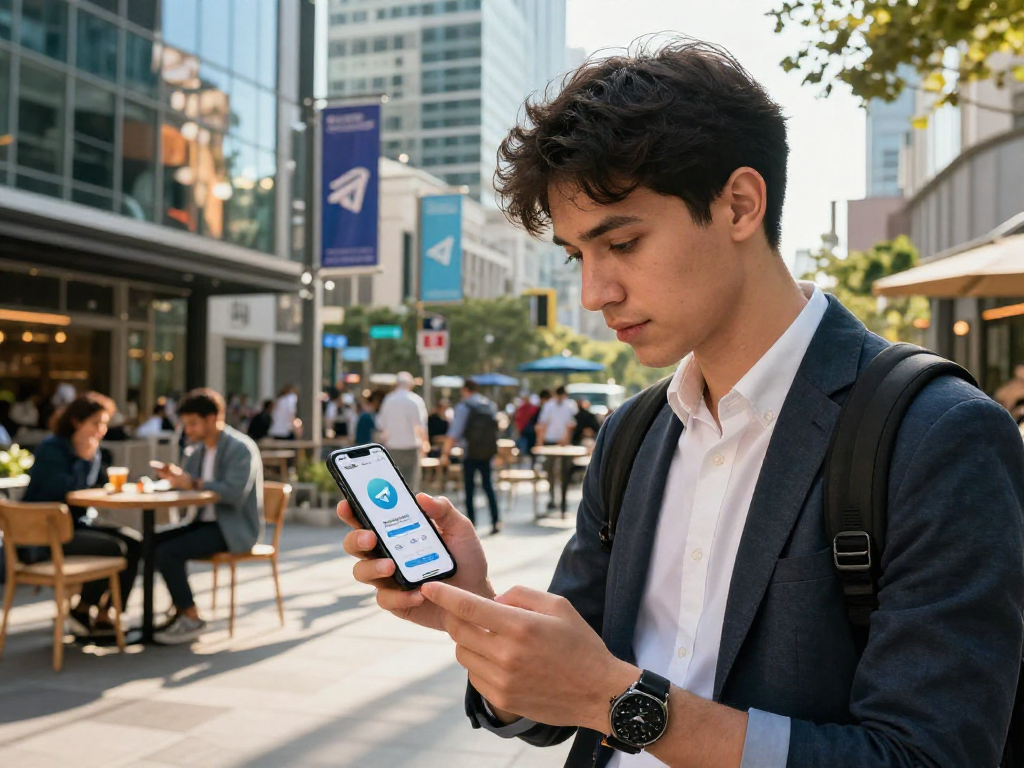 在城市中下载 Telegram 应用的年轻专业人士，展现现代科技生活方式