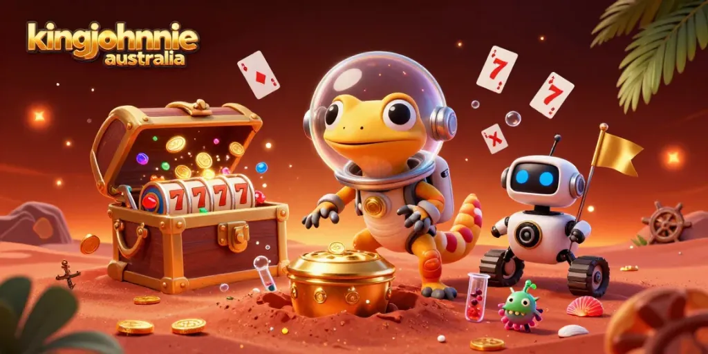 Engage with kingjohnnie australia casino experience featuring a Martian space gecko discovering a golden casino.