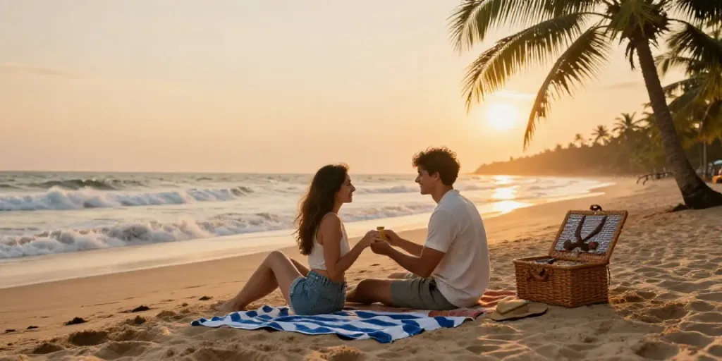 Couple enjoying sunset on Goa beach, representing Goa escorts service atmosphere.