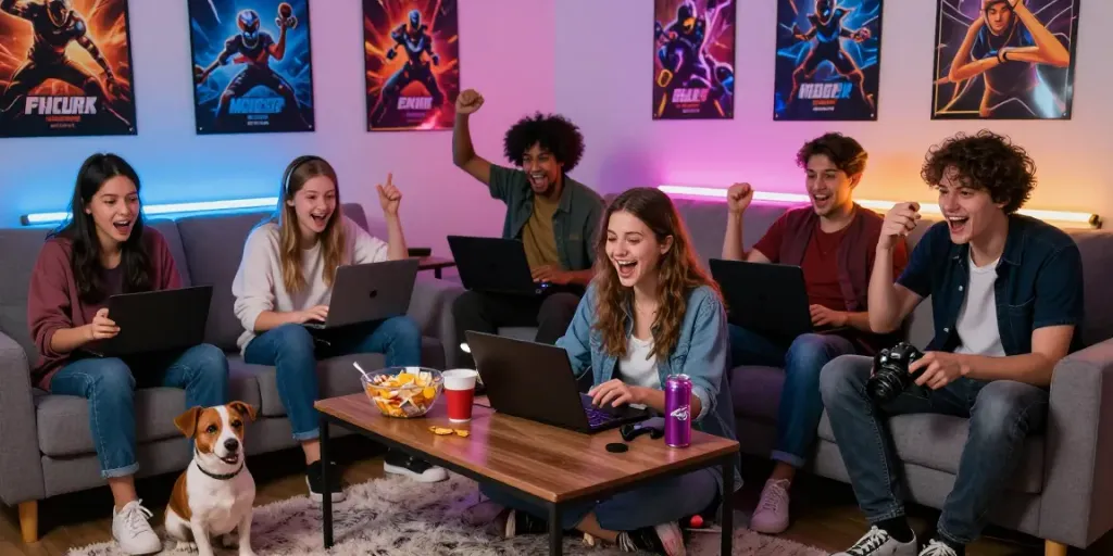 Exciting gaming session with friends using qqmacan platform at home, illuminated by LED lights.
