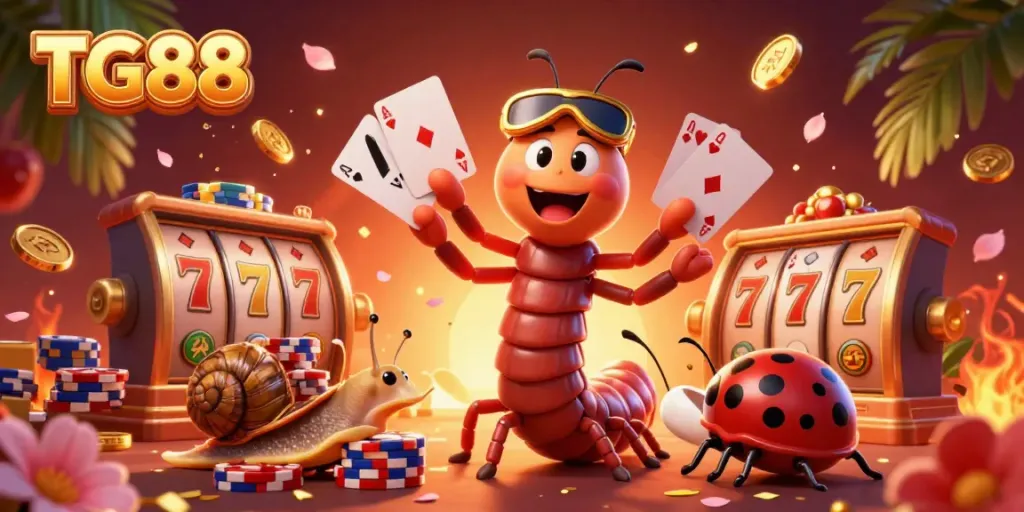 Engage with TG88's lively slot game scene, featuring a dynamic 3D cartoon dealer and vibrant casino elements.