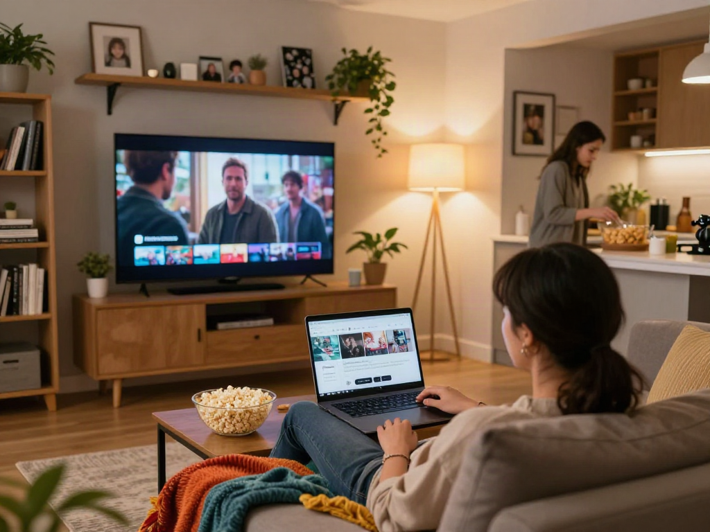 Home movie-watching setup featuring Moviebox streaming on a laptop, cozy living room atmosphere with popcorn and ambient lighting.