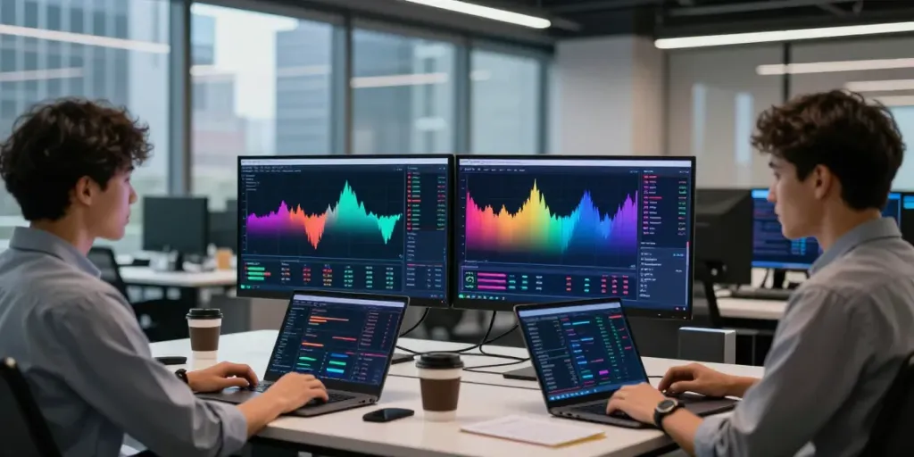 Piteas.trade team collaborating on cryptocurrency strategies in a stylish office environment with vibrant data visuals.