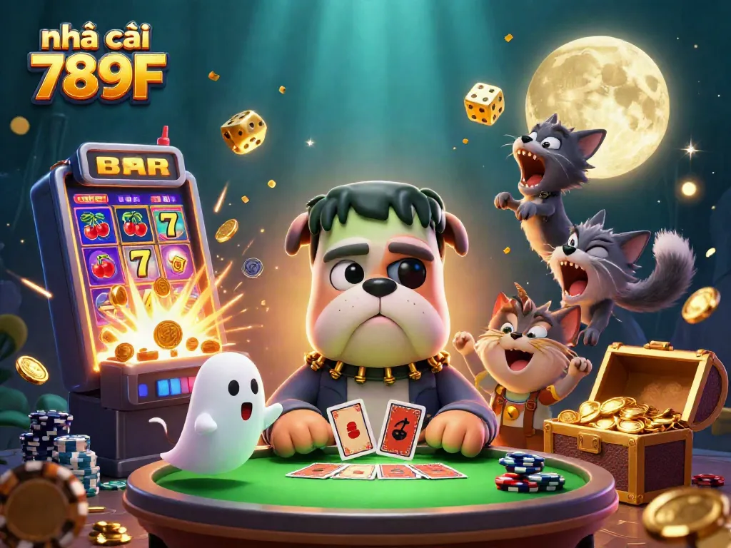 Engage in a thrilling gaming experience at nhà cái 789F, featuring exuberant characters and vibrant casino elements.