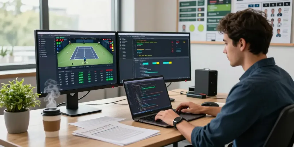 Developer working with LiveTennisAPI to visualize real-time scores and probabilities in a modern office environment.