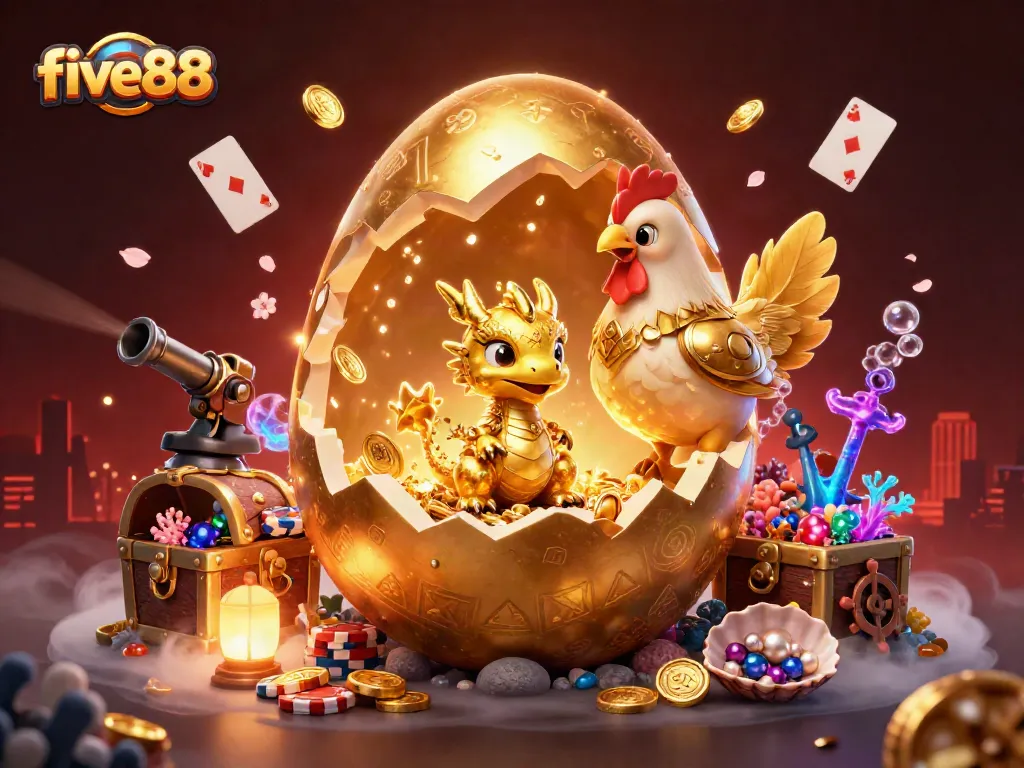Experience the thrilling adventures of five88 with golden treasures and games showcased in a vibrant scene.