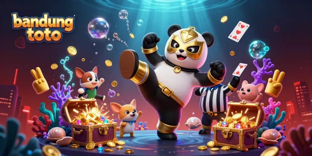 Engage with the vibrant scene showcasing bandung toto featuring a wrestling panda, surrounded by glowing gems and energetic spectators.