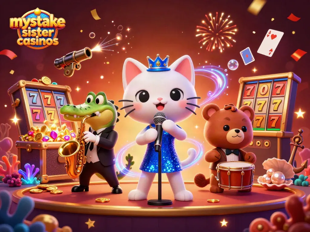Experience the vibrant world of mystake sister casinos with a lively casino scene featuring delightful characters and game elements.