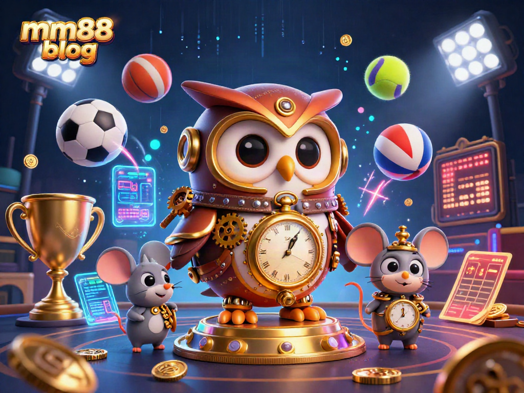 Engage with the mm88 blog showcasing a steampunk owl and sports betting excitement.