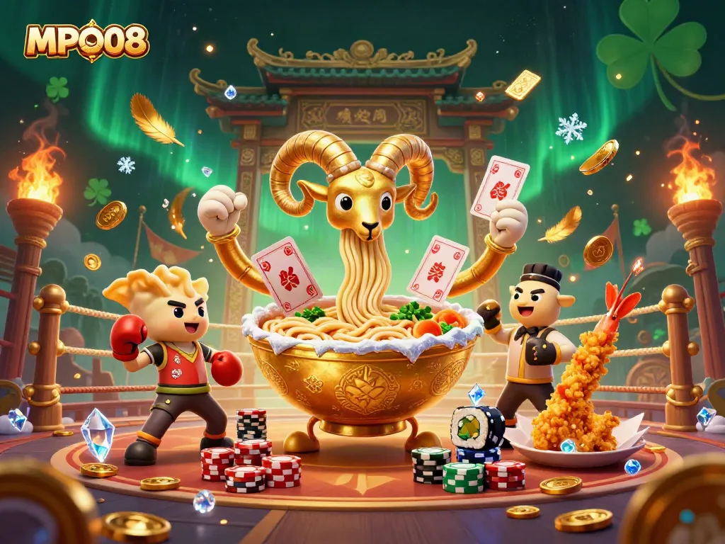 MPO08 brings excitement with a giant ramen bowl dealer, gyoza sidekick, and vibrant casino atmosphere.