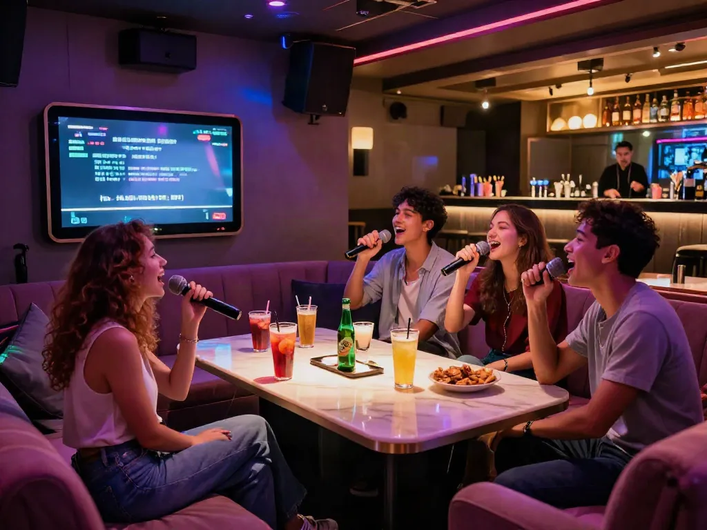 강남 달토 가격을 즐기는 친구들, 화려한 가라오케 공간에서 노래를 부르며 즐거운 시간