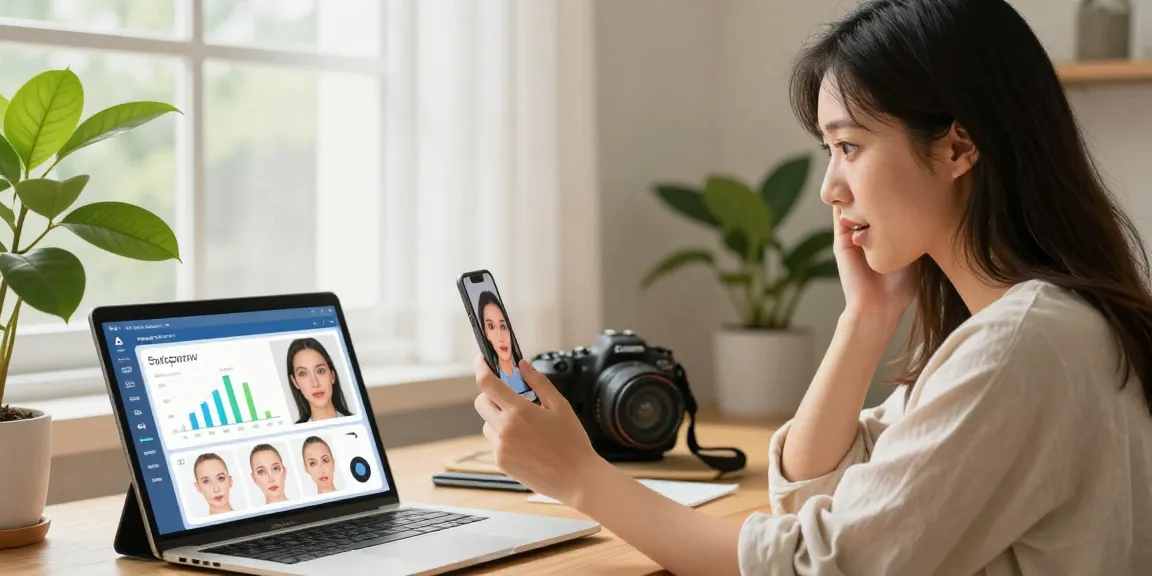 Engaged user discovering how old do I look using an AI age estimation tool on a laptop, with digital graphics on a tablet.