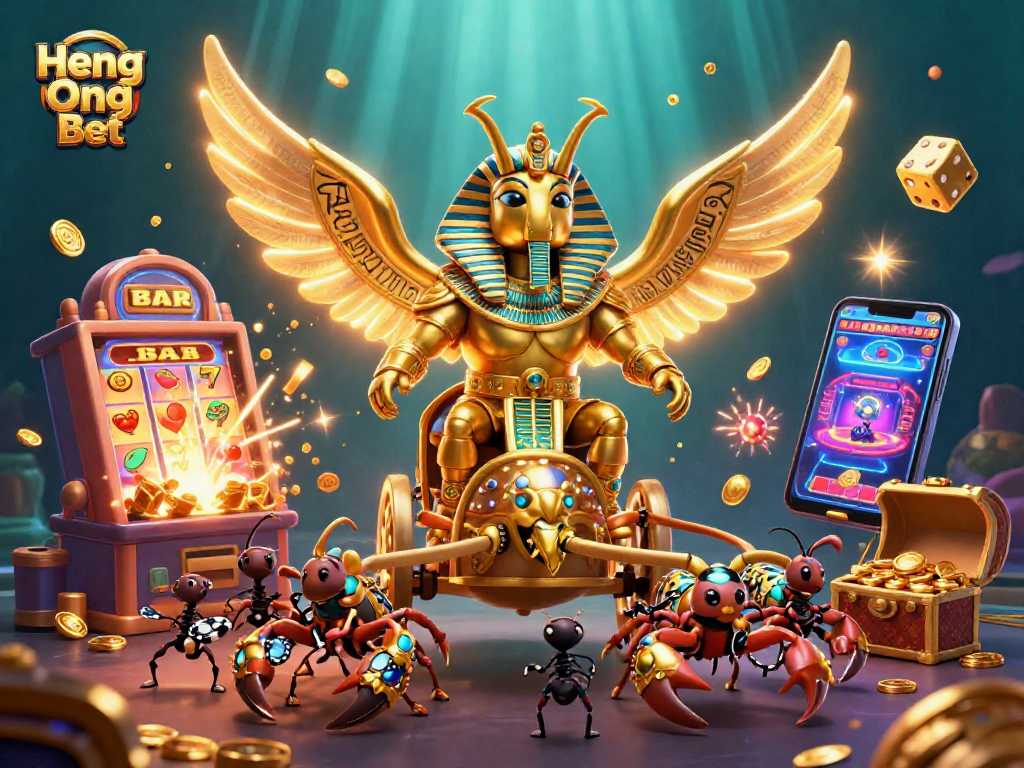 Engage in Heng Ong Bet's vibrant online casino experience featuring a golden scarab and scorpions.