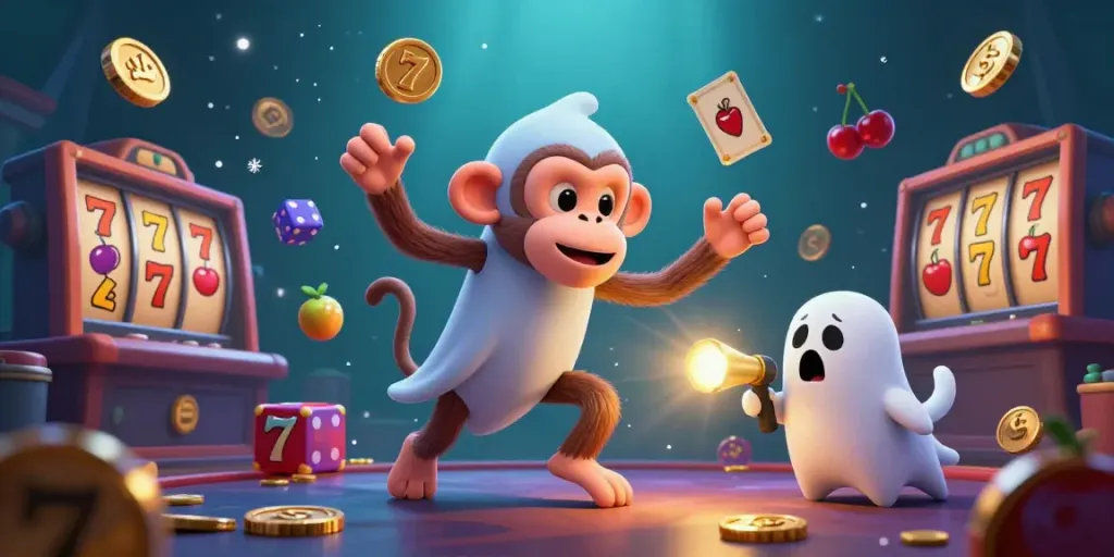 Experience thrilling slot gacor action with a mischief-making monkey and ghost-hunter puppy in a haunted casino.