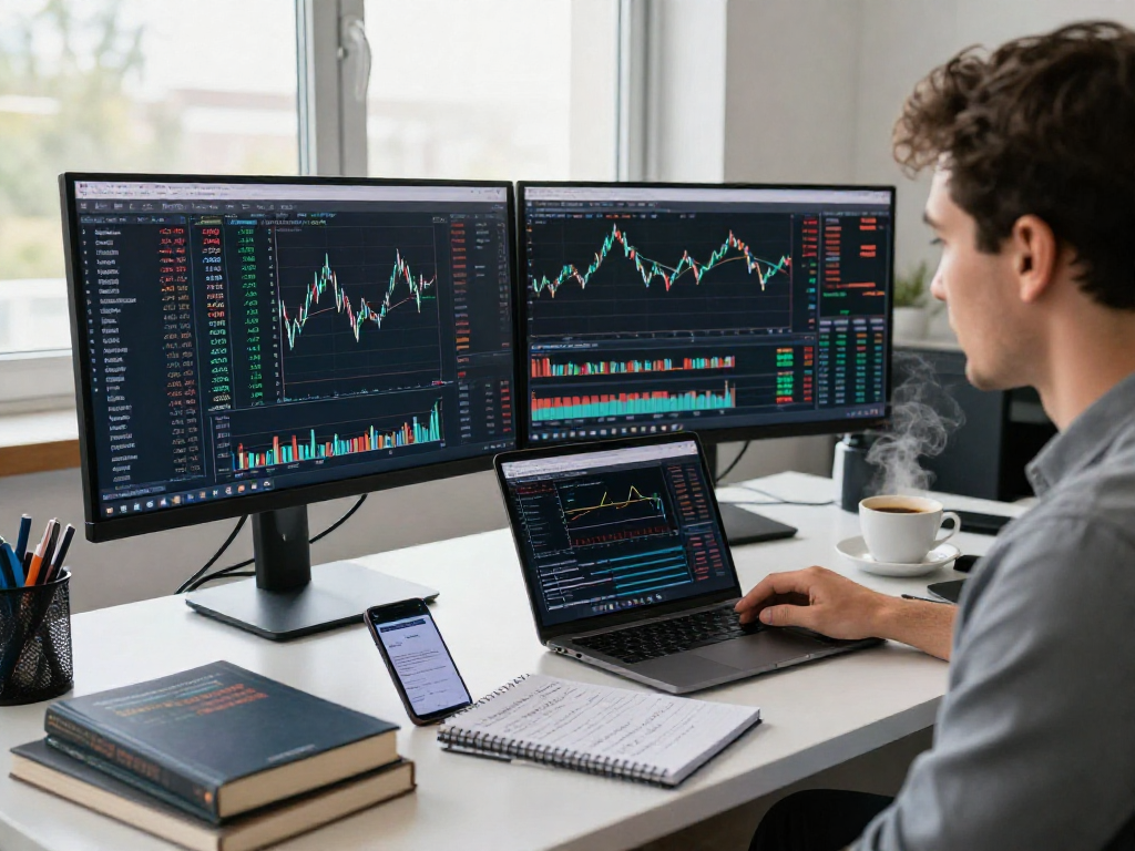 Professional trader using metatrader 5 for market analysis in a modern office workspace.