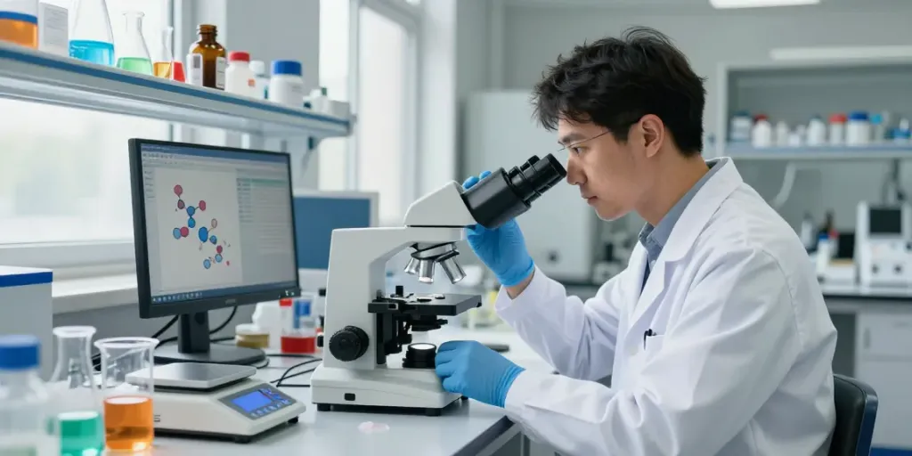 Lab scientist analyzing ION-3R peptide under microscope in a bright research setting.