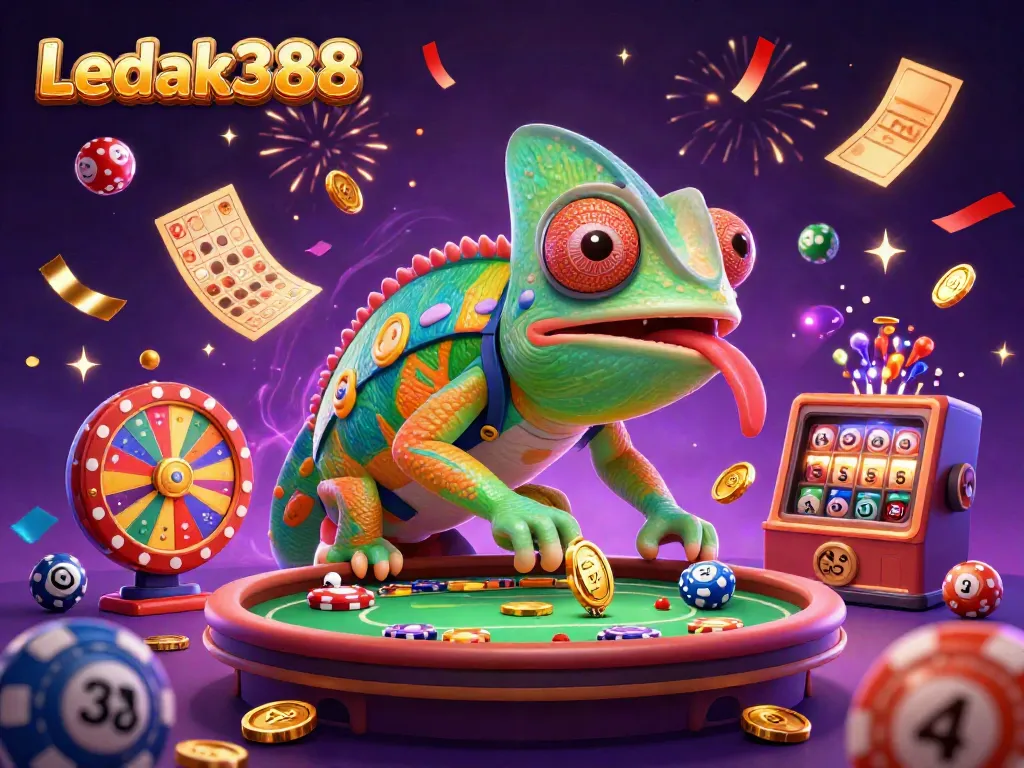 Engage with Ledak388's vibrant casino experience, featuring an animated chameleon owner and exciting game elements.