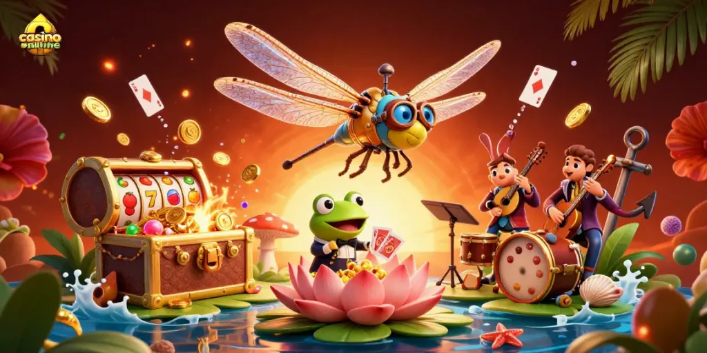 Play exciting games at a casino online with animated characters like a dragonfly pilot and frog croupier.