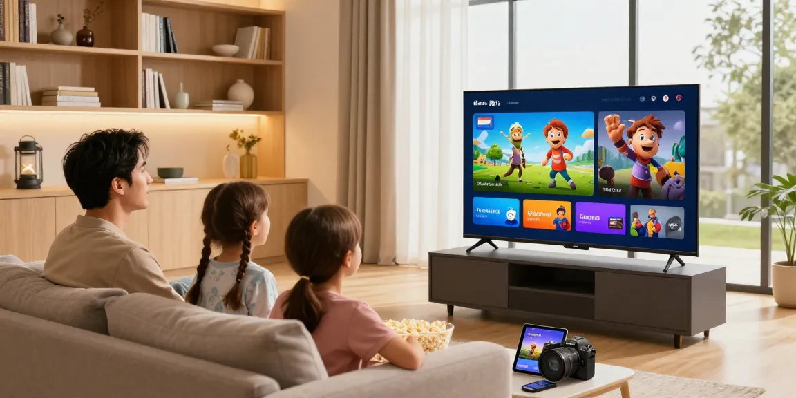 Gezellige woonkamer met gezin dat geniet van Nederland IPTV op grote Smart TV.