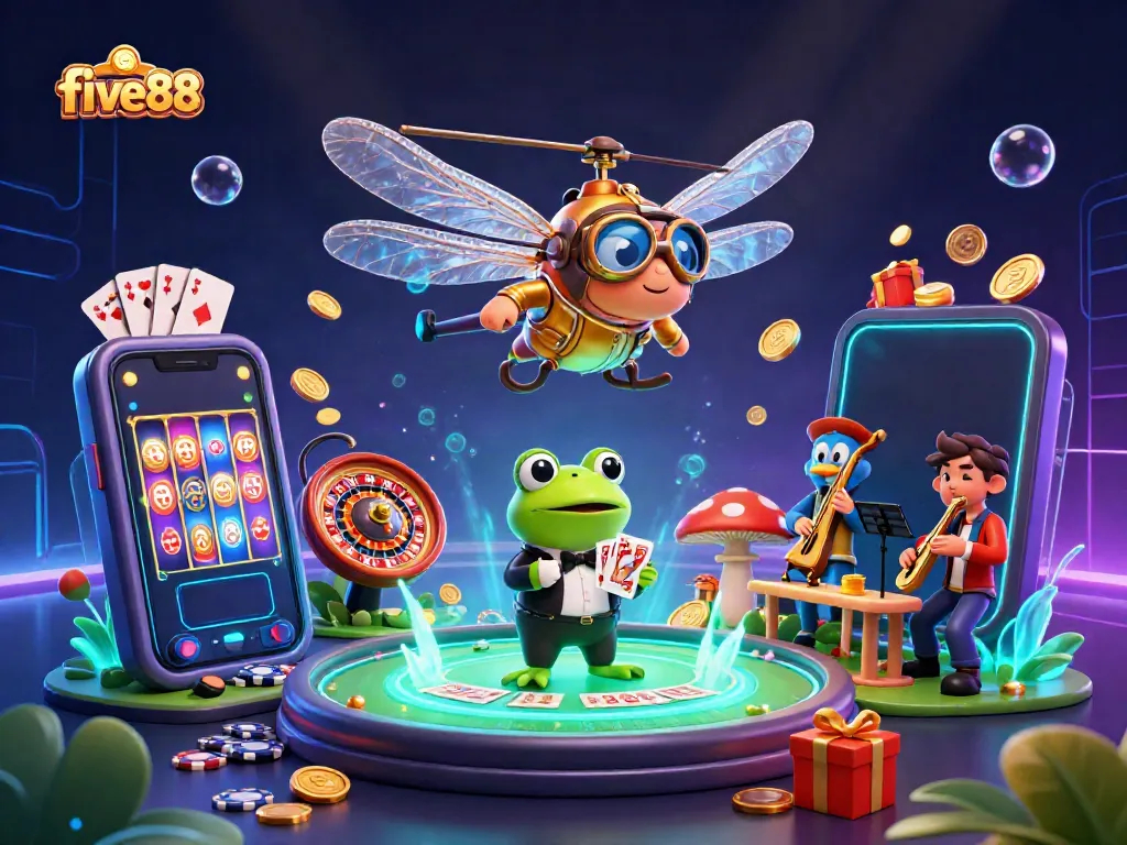 Join the excitement at five88 with a vibrant casino scene featuring a dragonfly pilot and frog croupier.