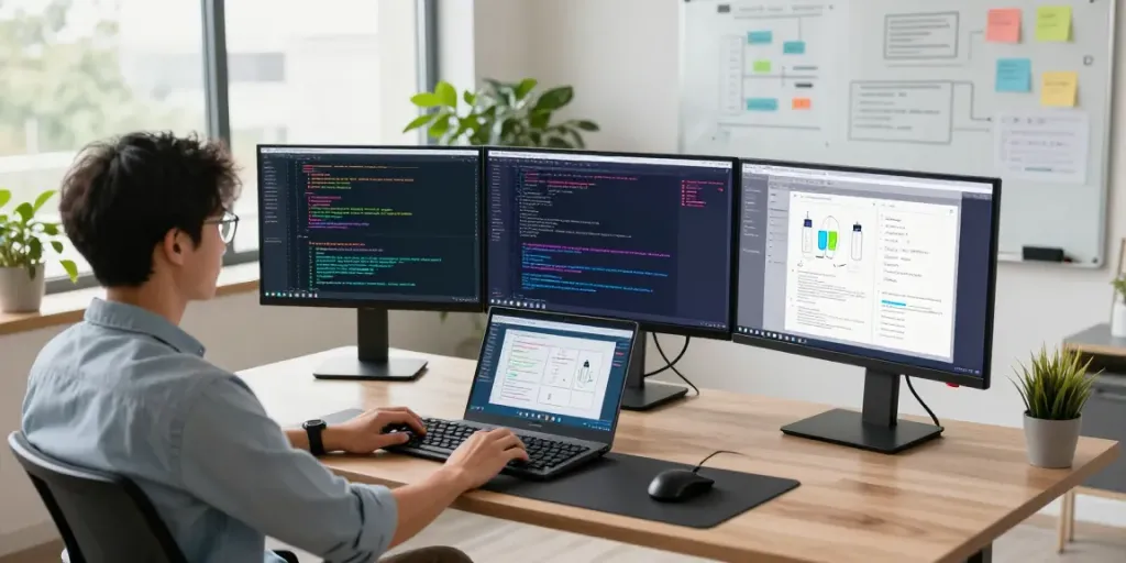Developer engaging in mvp development service at a modern workspace filled with tech tools and collaborative elements.