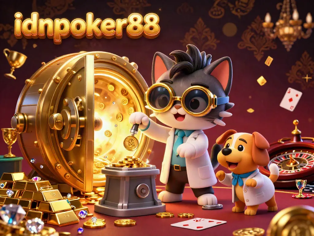 Engage in thrilling gameplay at idnpoker88 with colorful casino elements like poker chips and a bursting treasure vault.