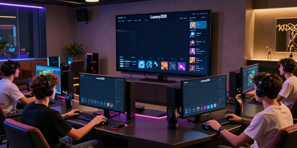 Players interacting with a Luxury333 gaming platform in a stylish lounge setting.