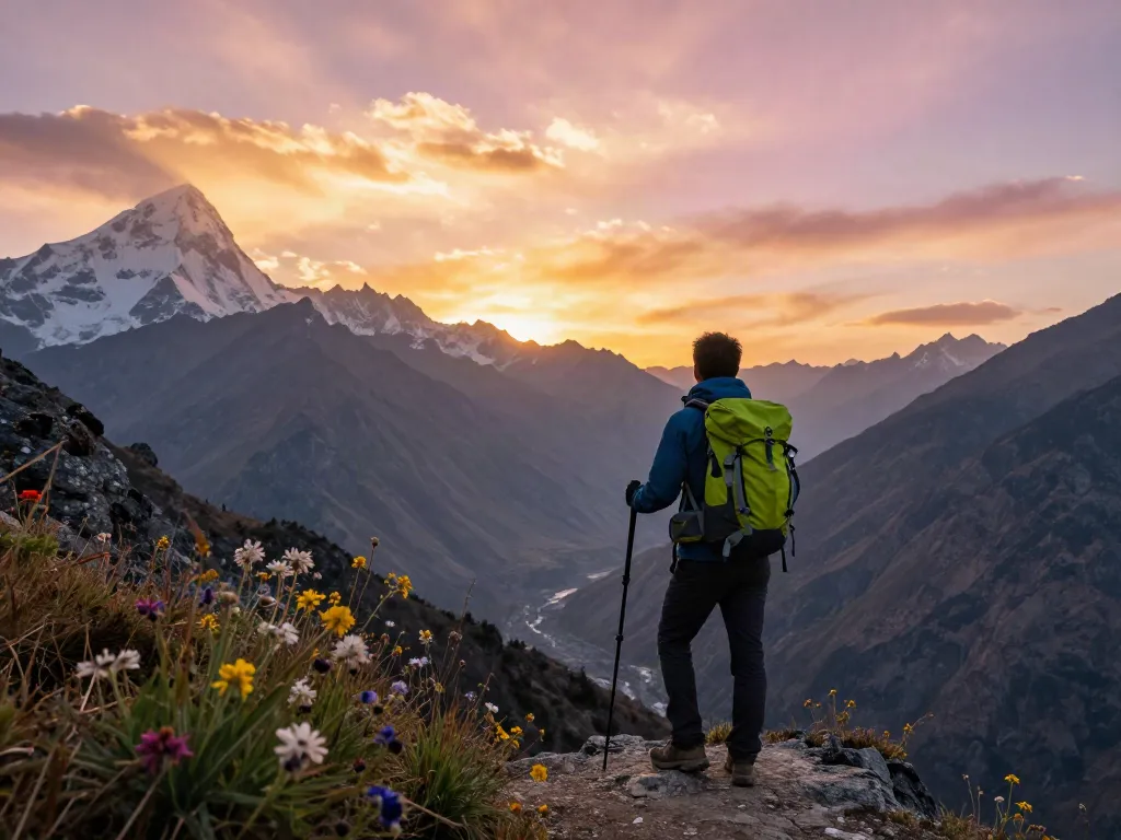 Adventurous traveler gazing at the stunning Manaslu Circuit mountains during sunset.