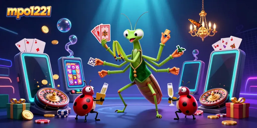 Engaging scene with mpo1221 characters celebrating wins in an online casino environment.
