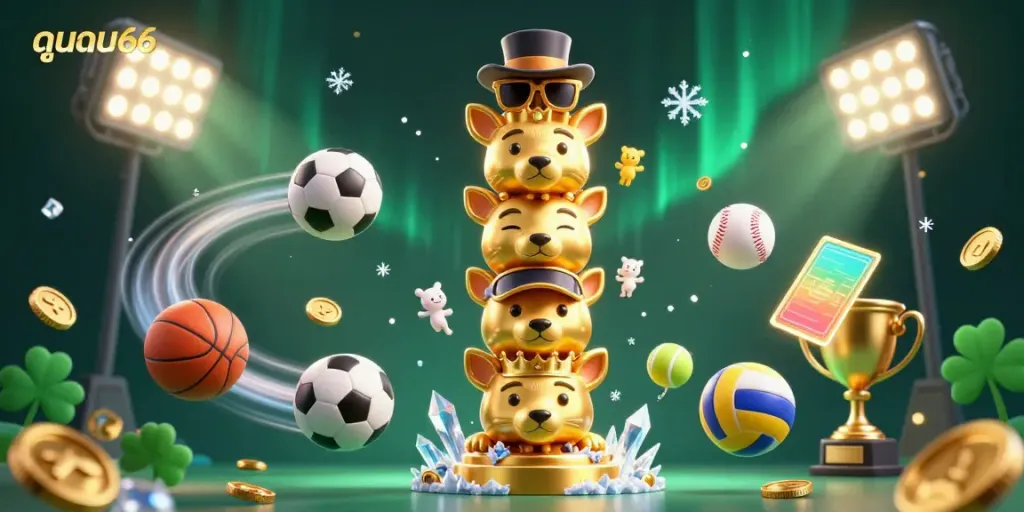 Experience thrilling betting with ดูบอล66 in a vibrant sports-themed 3D ambiance filled with dynamic elements.