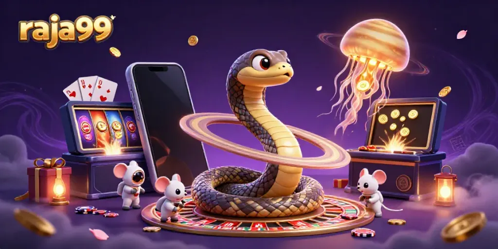 Experience thrilling cosmic gambling with raja99, featuring a snake as a roulette wheel and betting mice.
