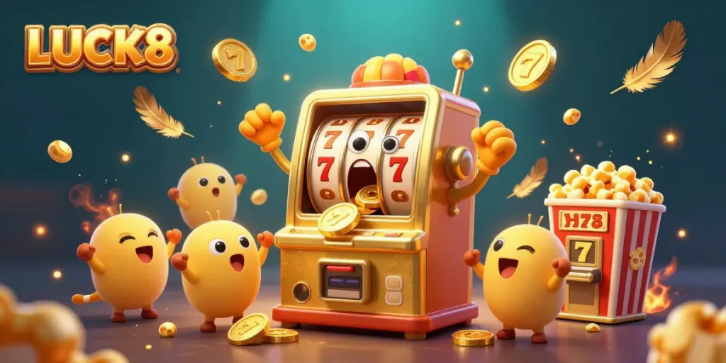 LUCK8 slot machine celebrates a jackpot, surrounded by cheering mini machines and vibrant casino elements.
