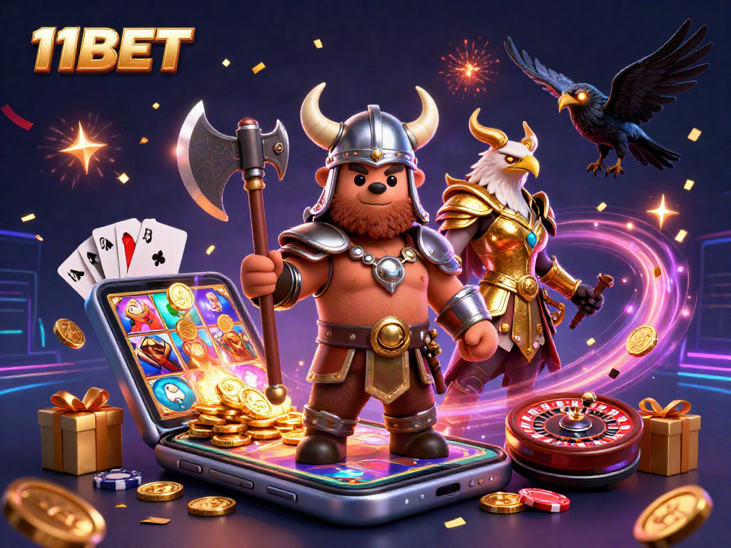Spin to win at 11BET with vibrant slot games and thrilling characters in this colorful casino scene.