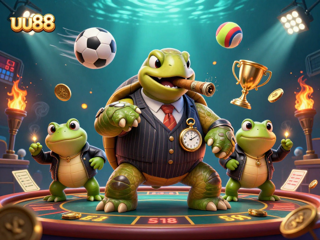 Bet on thrilling games at uu88 with a dynamic casino scene featuring animated gamblers.
