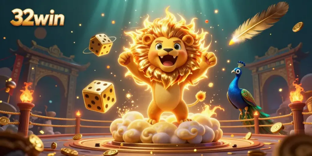 Experience the vibrant gaming world of 32win with a roaring sun lion and golden dice, evoking casino excitement.