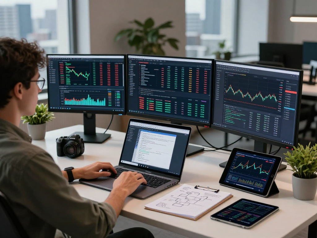 Developer working with the sugar international quote API on advanced trading platform at a modern workspace.
