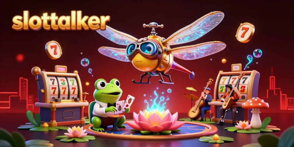 Experience thrilling gameplay at slottalker with a lively casino scene featuring a dragonfly pilot and frog dealer.