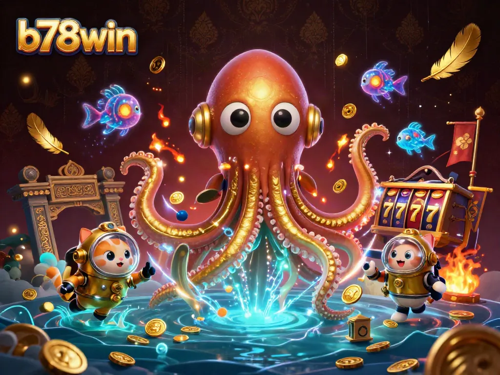 Engage in exciting gameplay at b78win featuring a kraken, diving cat, and vibrant casino elements.