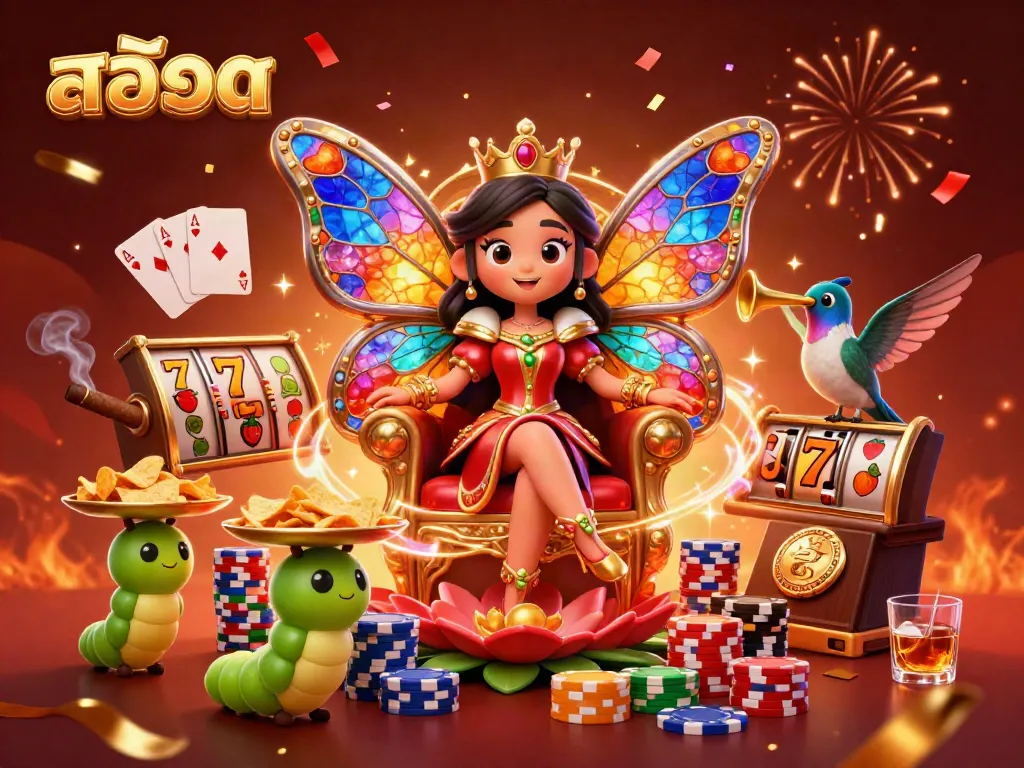 Experience the thrills of สล็อต with a colorful 3D scene of characters amidst vibrant gambling elements.