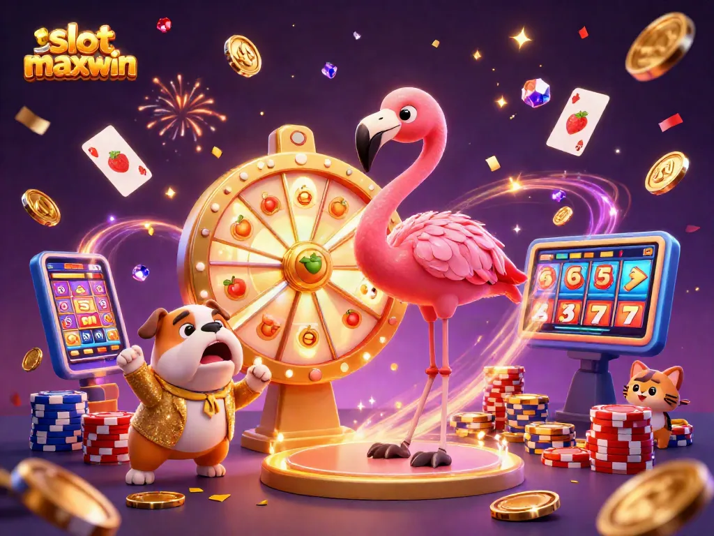 Spin to win with slot maxwin featuring a game show host, bulldog, and scoreboard in a vibrant casino scene.