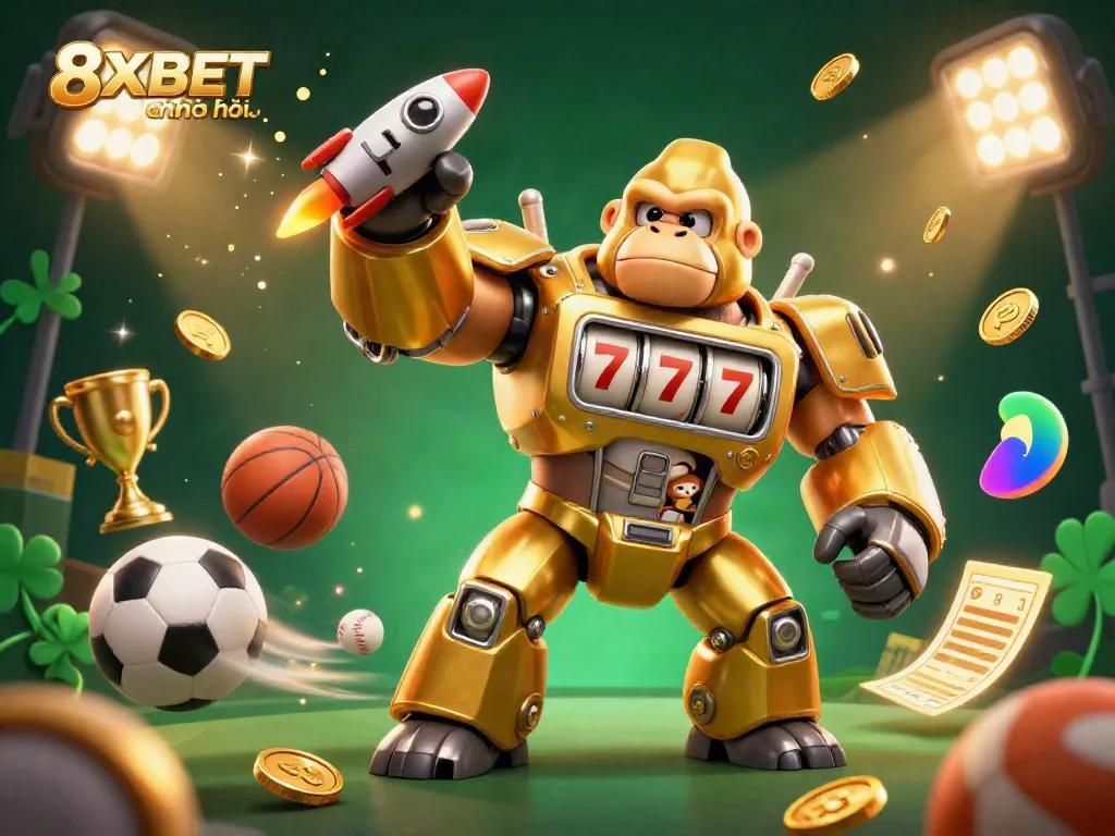 Engage with 8XBET chính thức to win big in betting with a dynamic 3D rendering of a gorilla mech, sports elements, and vibrant effects.
