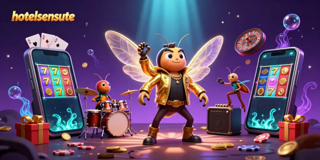 Engaging scene of hotelsensunte featuring a rock star cicada amid vibrant gambling elements like slot games and poker.