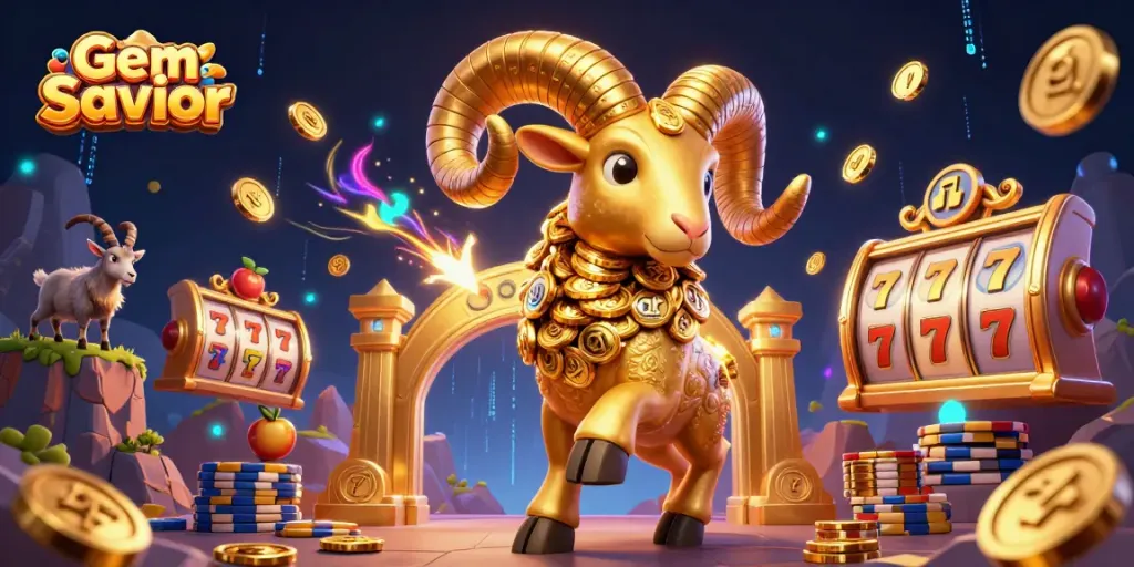 Engage with Gem Saviour, the dynamic slot game featuring a golden ram amidst vibrant casino elements.