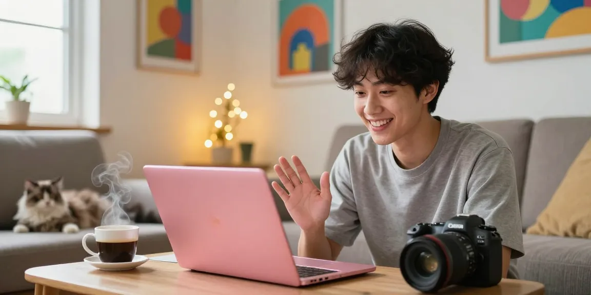 Engaging in a pink video chat with a real person in a cozy setup.