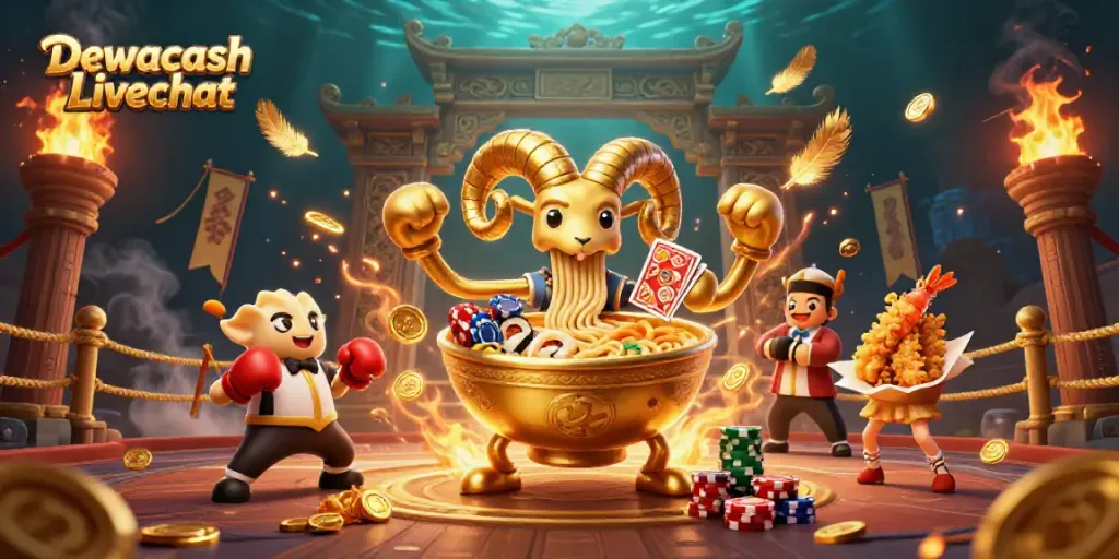 Dewacash Livechat showcases 3D cartoon characters in a vibrant casino-themed arena, highlighting exciting gameplay.