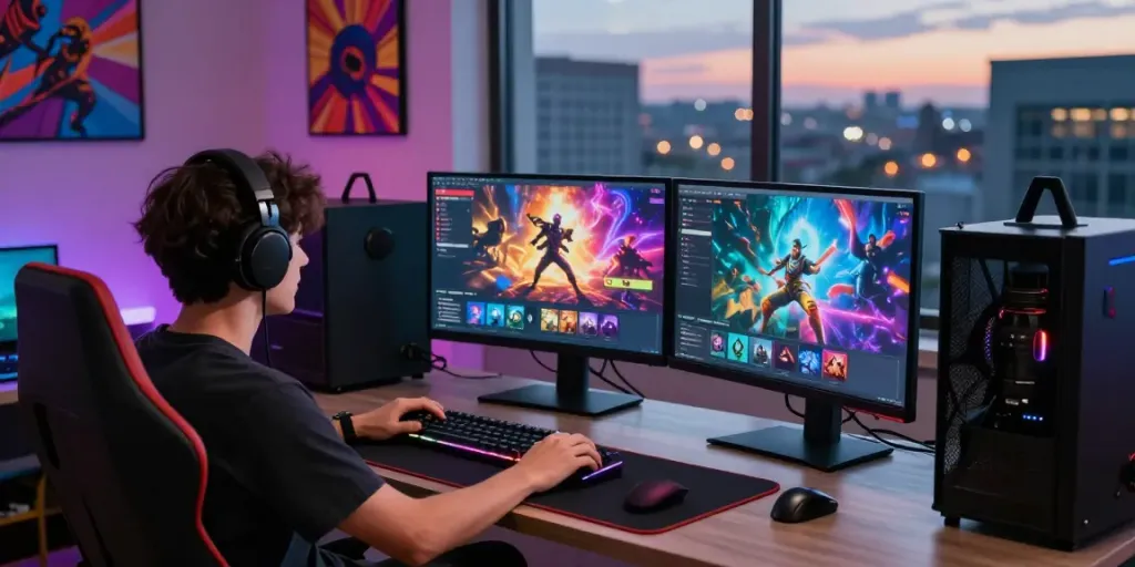 Pengguna kanjengslot bermain game online di setup gaming modern dengan monitor dan peralatan lengkap.
