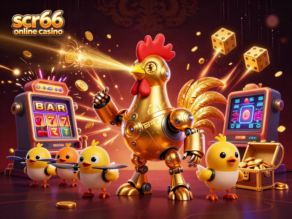 Experience the excitement of scr66 online casino with this vibrant 3D digital illustration packed with casino elements.