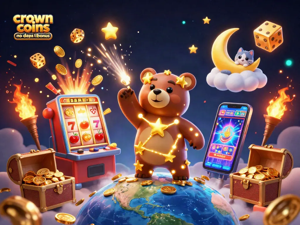 Experience the crown coins casino no deposit bonus with a vibrant 3D scene of gaming excitement.