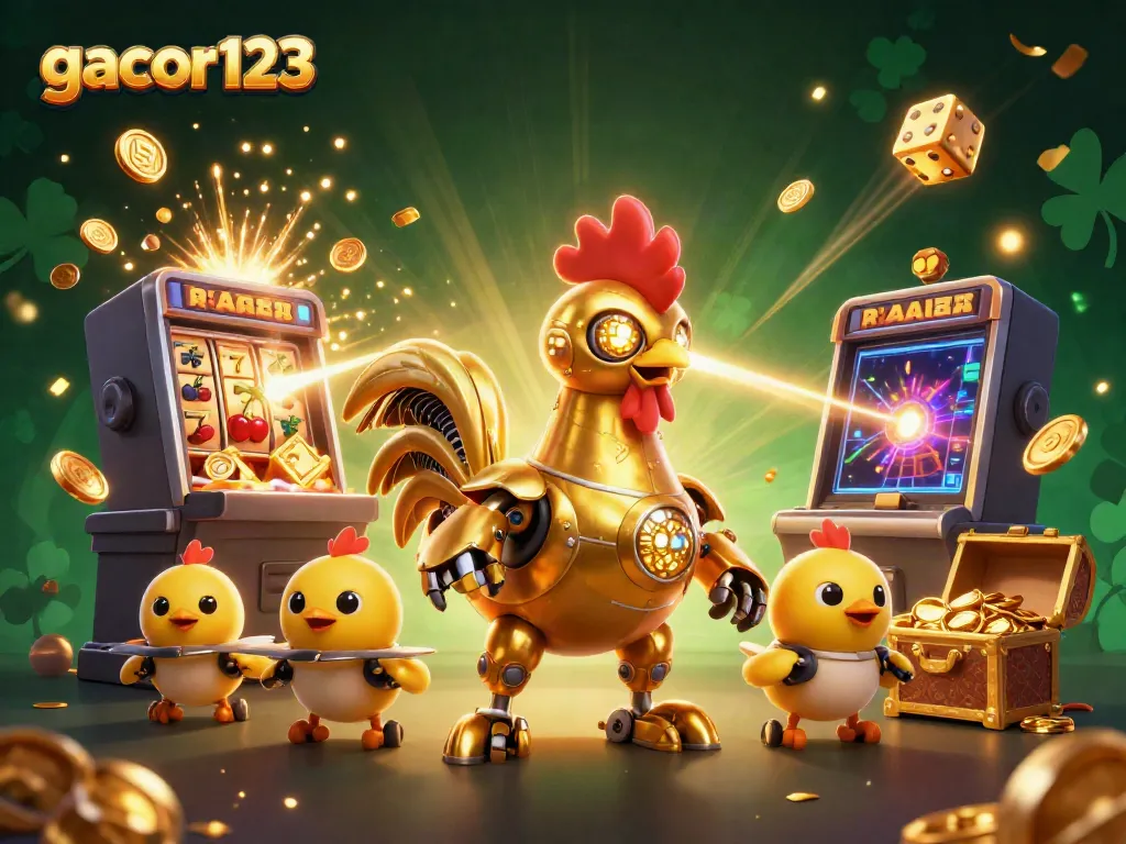 Engage with gacor123's vibrant casino world through a dynamic 3D illustration featuring a golden robot and exciting gaming elements.