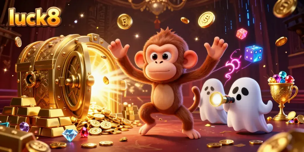 A mischievous poltergeist monkey juggles golden casino items in a vibrant luck8 illustration.